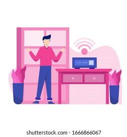 A man is using a projector in his room