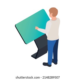 Man Using Promotional Interactive Touch Screen Kiosk 3d Isometric Vector Illustration