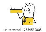Man using search box for query, engine giving result. Hand drawn vector illustration. Black and white.