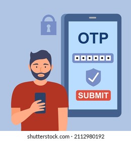 Man Using Security OTP One Time Password Verification For Mobile App On Smartphone Screen In Flat Design.