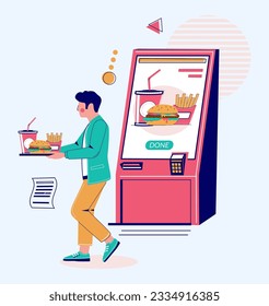 El hombre utiliza la ilustración vectorial de los servicios de comida y bebida autoordenados. Cafetería digital de comida rápida, pantalla interactiva de dispositivos, tecnología moderna