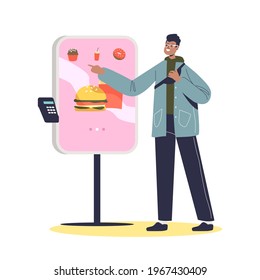 Man using self ordering service in fastfood cafe. Kiosk for buying and paying for food in terminal. Modern touchscreen payment technology concept. Cartoon flat vector illustration