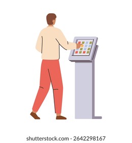 Man using self service software and technical complex for clients. Vector isolated carton male character doing electronic payments. Financial application and help with budgeting in bank