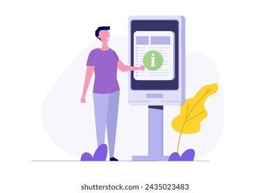 Man using self service terminal, Interactive information kiosk concept. Flat Vector illustration for banner, website, landing page, flyer.
