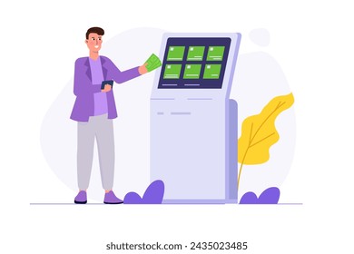 Mann mit Selbstbedienungsterminal, interaktivem Informationskiosk-Konzept. Flache Vektor-Illustration für Banner, Website, Zielseite, Flyer.
