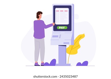 Man using self service terminal, Interactive information kiosk concept. Flat Vector illustration for banner, website, landing page, flyer.
