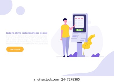 Man using self service terminal, Interactive information kiosk concept. Flat Vector illustration for banner, website, landing page, flyer.
