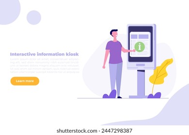 Man using self service terminal, Interactive information kiosk concept. Flat Vector illustration for banner, website, landing page, flyer.
