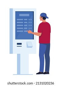 Mann, der die Zahlung per Selbstbedienung und Information elektronisches Terminal mit Touchscreen verwendet. Vektorgrafik in Flachstil