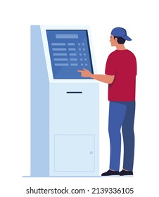 Man using self-service payment and information electronic terminal with touch screen. Vector illustration in flat style