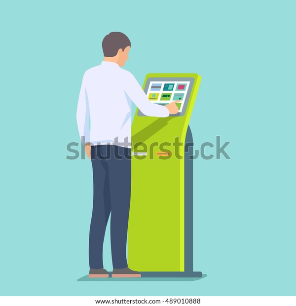 Man\
using self-service terminal. Vector\
illustration