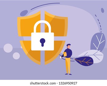man using shield security isolated icon