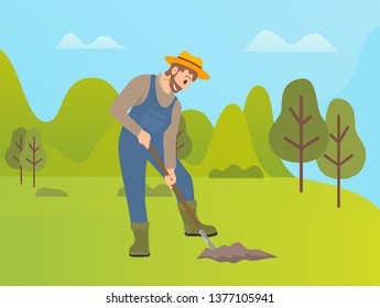 Man using shovel to dig hole for plants vector, farming person working on land. Farming activity of farmer, forest with trees, husbandry in summer