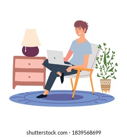 man using sitting using laptop in the room, indoor activities vector illustration