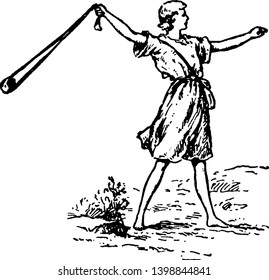 A man using slingshot, vintage line drawing or engraving illustration svg