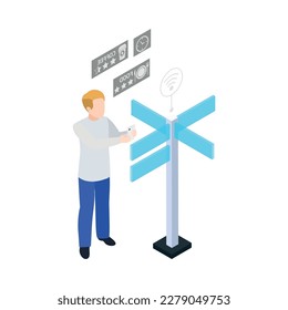 Man using smart city navigation app isometric icon 3d vector illustration