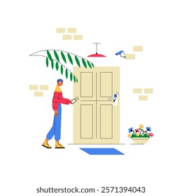 Man Using Smart Doorbell In Flat Vector Illustration Symbolizing Home Security, Technology, And Smart Living, Isolated On White Background