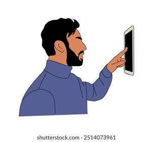Man using smart home control panel on the wall. Modern IOT technology concept. Simple vector outline hand drawn colored illustration isolated on white background.