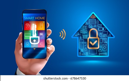 homem usando telefone inteligente controla dispositivos domésticos inteligentes através de uma conexão sem fio. Casa inteligente segura. controle de sistemas domésticos inteligentes está disponível apenas a partir de usuários autorizados telefone móvel. VETOR