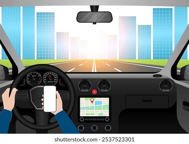 Man Using Smart Phone While Driving a Car. Vector Illustration. 