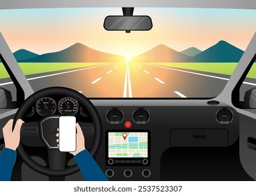 Man Using Smart Phone While Driving a Car. Vector Illustration. 