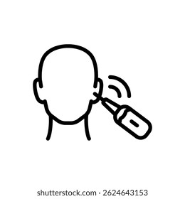 Homem Usando Smart Spoon Ear Stick Ícone De Contorno. Dispositivo para limpar o símbolo isolado do vetor da linha das orelhas