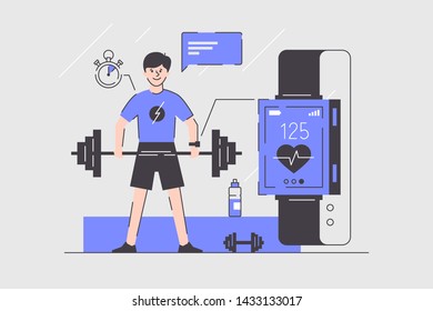 Man using smart watches vector illustration. Sportsman doing sports with special tracking gadget complete positive impact from intense training program flat style. Important fitness utility concept