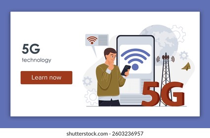 A man using a smartphone with a 5G network concept, surrounded by a signal tower, a large screen, and digital elements. Modern communication and mobile internet concept. Vector illustration