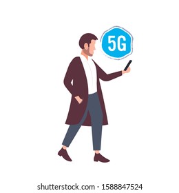 man using smartphone 5G online communication fifth innovative generation of internet connection concept businessman holding cellphone full length vector illustration