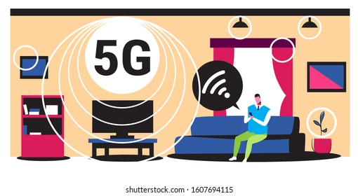man using smartphone 5G online communication fifth innovative generation of internet connection concept modern living room interior full length horizontal vector illustration