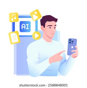 A man using a smartphone with AI-generated media icons, including music, video, and documents, floating around him. Modern technology concept on a white background. Vector illustration