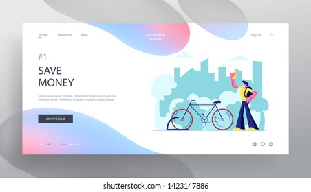 Man Using Smartphone App for Bike Rent Service Searching in Big City. Traveling Tourist, Citizen Sports Life, Eco Transport Website Landing Page, Web Page. Cartoon Flat Vector Illustration, Banner