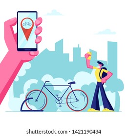 Man Using Smartphone Application of Bike Rent Service Searching in Big City. Hand Holding Phone with Bicycle Geolocation Gps Mark. Traveling, Sports Life, Spare Time Cartoon Flat Vector Illustration