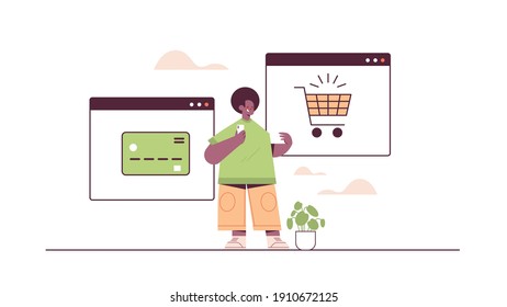man using smartphone application for online shopping ordering and paying e-commerce smart purchasing concept horizontal full length vector illustration