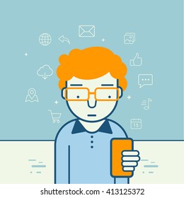 Man using smartphone. Around it - social and media icons