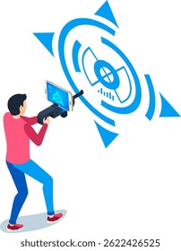 Man using a smartphone attached to a futuristic controller pointing at a digital target, experiencing interacting with augmented reality mobile app