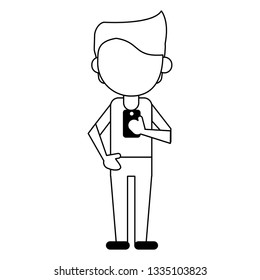 man using smartphone avatar cartoon in black and white