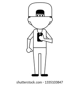 man using smartphone avatar cartoon in black and white