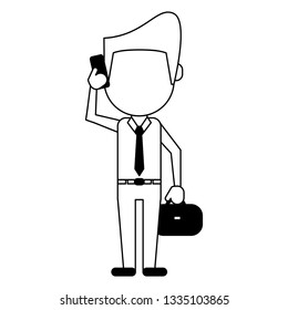 man using smartphone avatar cartoon in black and white