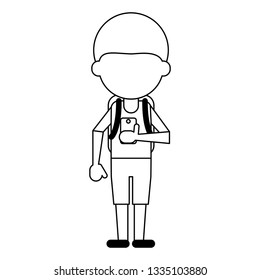 man using smartphone avatar cartoon in black and white