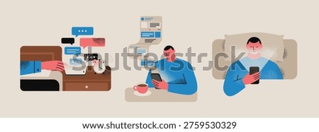 Man Using Smartphone in Bed and During Breakfast, Concept of Phone Addiction, Social Media Overuse, Digital Detox, Mental Health and Sleep Deprivation, Flat Vector Illustration with Grain Textur