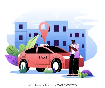 Man using smartphone to book a taxi ride in an urban area with a red car parked nearby, modern flat graphic style, city background, concept of ride-hailing app. Vector illustration