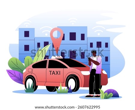 Man using smartphone to book a taxi ride in an urban area with a red car parked nearby, modern flat graphic style, city background, concept of ride-hailing app. Vector illustration