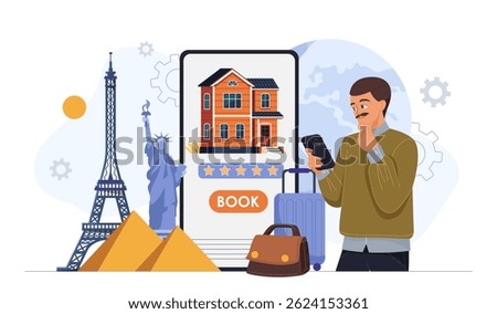 A man using a smartphone to book vacation accommodation online, with famous landmarks, suitcase, and bags around him on a white background. Concept of travel booking. Vector illustration