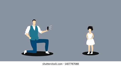 man using smartphone camera father standing on knee taking photo of little girl model fashion shoot concept sketch doodle horizontal full length