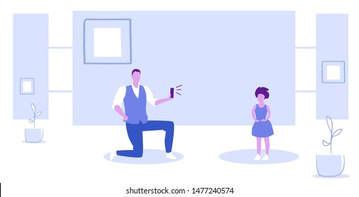 man using smartphone camera father standing on knee taking photo of little girl model shoot concept sketch horizontal full length
