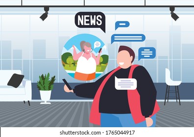 man using smartphone chatting with girl discussing daily news chat bubble communication concept modern living room interior horizontal portrait vector illustration