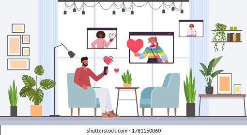 man using smartphone chatting with mix race women in web browser windows online dating app social relationship communication concept horizontal full length vector illustration