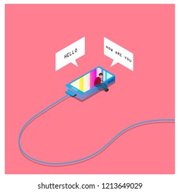 A man using smartphone and chatting online messaging on mobile. Vector illustration.