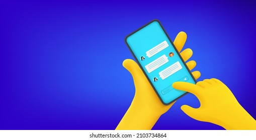 Hombre usando un smartphone para charlar con la gente. Banner del vector con espacio de copia